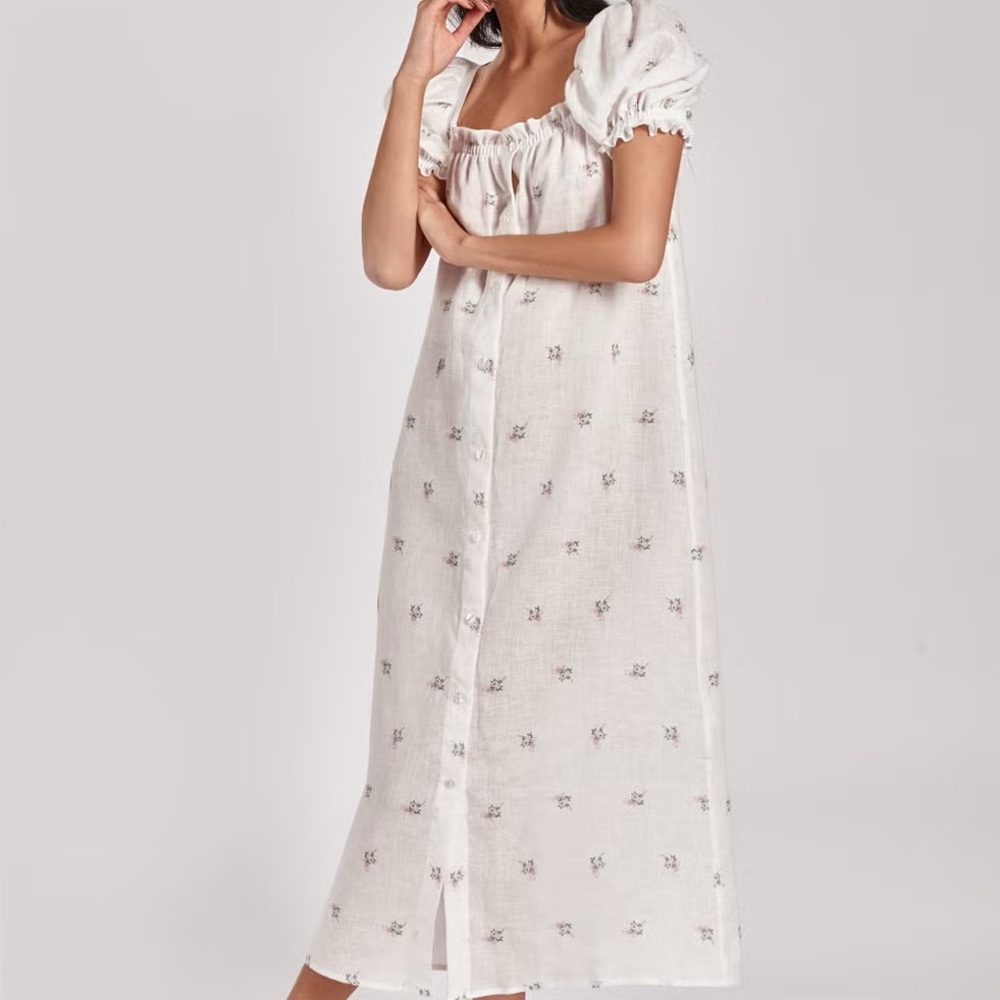 Sleeper sz XS Brigitte 100% Linen Maxi Midi Dress Floral Button Down